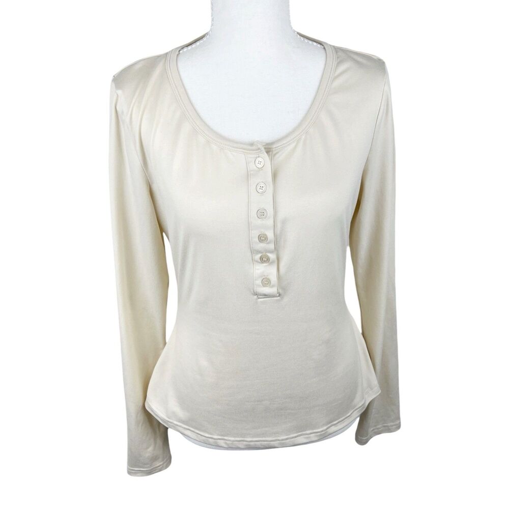Shein Shirt Women Extra Small Beige Long Sleeve Henley Solid Stretch Casual Top